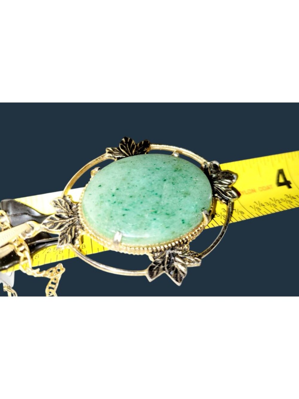 Large Green Agate Oval Stone Set in Gold Vermeil Filigree Pendant Chain 33" - Picture 5 of 7